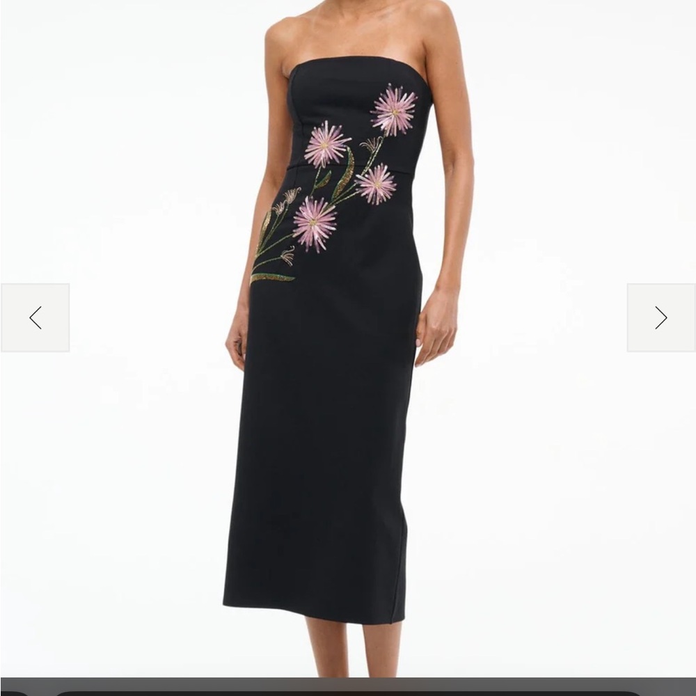 STAUD Black Midi Dress with Pink Floral Embroidery